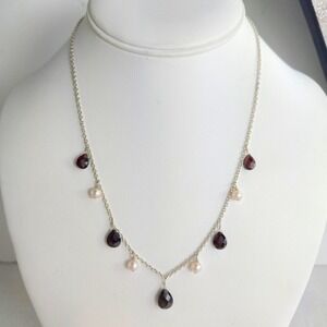 Sterling Faceted Garnet Fresh Water Pearl Necklace Dangle Beaded 925  Sri‎ Lanka